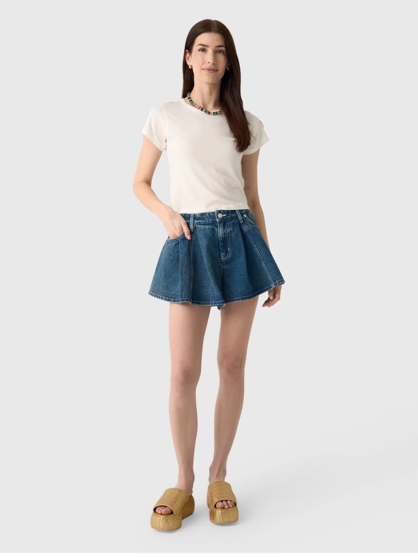 Medium Blue Cotton Denim Pleated Skirt Short Skort Size L